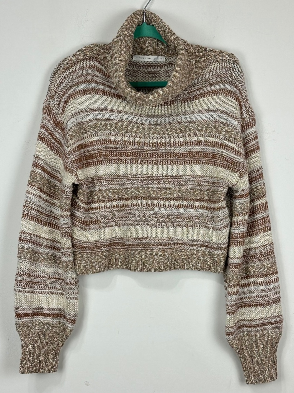 Altar'd State Womens Coffee Brown Striped Sequin Cropped Funnel Neck Sweater S